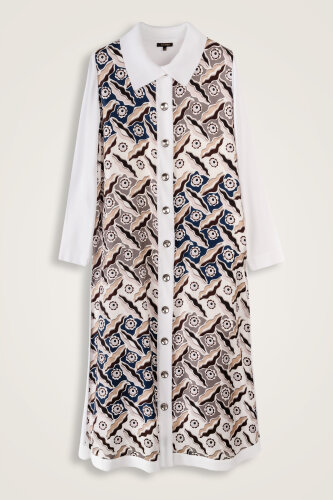 Pelenk Beyaz-Lacivert İpek Triko Gömlek Elbise - 2