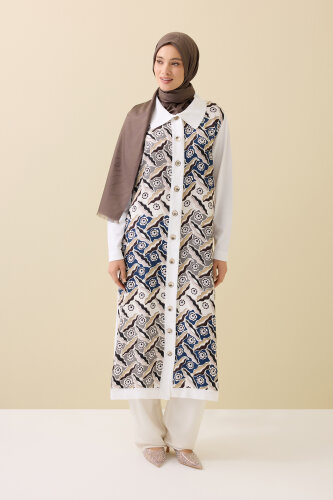 Pelenk Beyaz-Lacivert İpek Triko Gömlek Elbise - 1