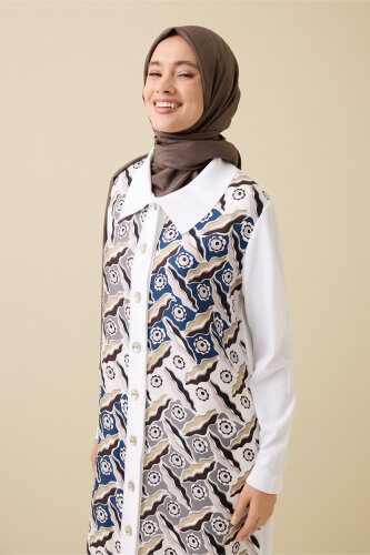 Pelenk Beyaz-Lacivert İpek Triko Gömlek Elbise - 3