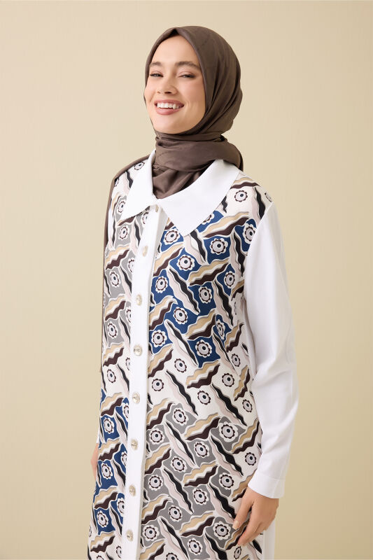 Pelenk Beyaz-Lacivert İpek Triko Gömlek Elbise - 3