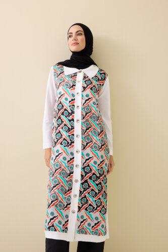 Pelenk Beyaz-Turuncu İpek Triko Gömlek Elbise 