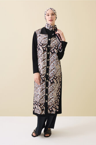 Pelenk Siyah-Bej İpek Triko Gömlek Elbise 