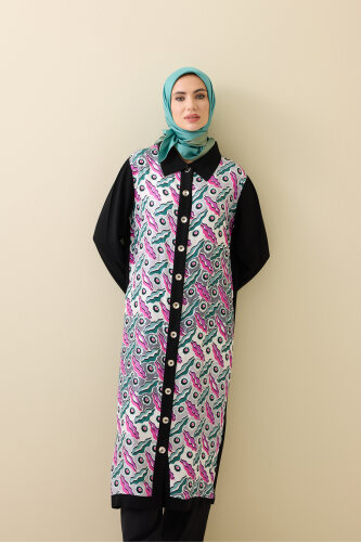 Pelenk Siyah-Pembe İpek Triko Gömlek Elbise 