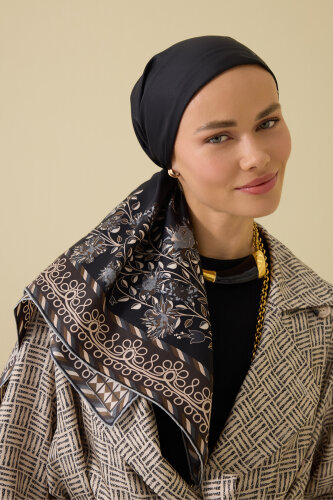 Peony Black-Grey Silk Twill Scarf 