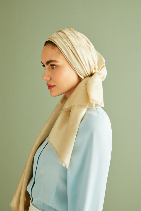 Petek Monogram Taş Rengi Kaşmir İpek Şal - 4