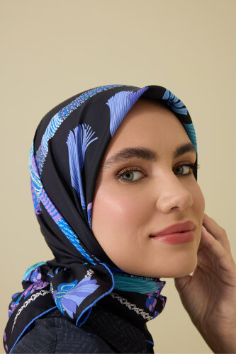 Püskül Noor Siyah-Fuşya Tivil İpek Eşarp 90x90 - Imannoor (3)
