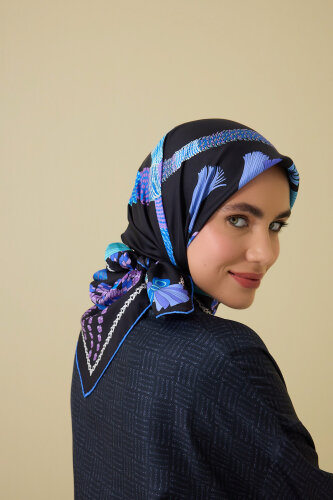Püskül Noor Siyah-Fuşya Tivil İpek Eşarp 90x90 - Imannoor (1)