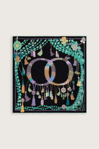 Püskül Noor Siyah-Yeşil Tivil İpek Eşarp 90x90 - Imannoor (2)