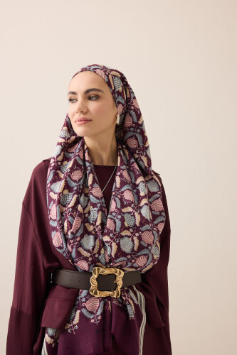 Reverse Tulip Burgundy-Gray Wool Shawl - 5