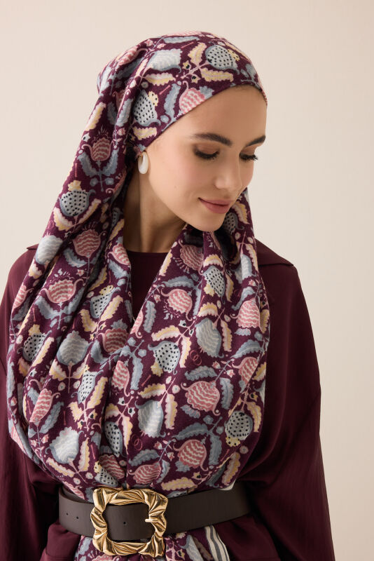 Reverse Tulip Burgundy-Gray Wool Shawl - 6