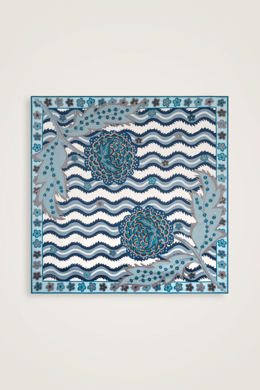 River Rose Blue-Gray Double-Sided Twill Silk Scarf - 2