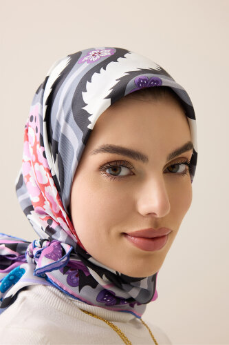 River Rose Blue-Pink Double-Sided Twill Silk Scarf - 3