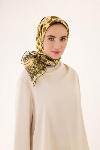 Rose Lace Cream-Yellow Double-Sided Twill Silk Scarf - Imannoor