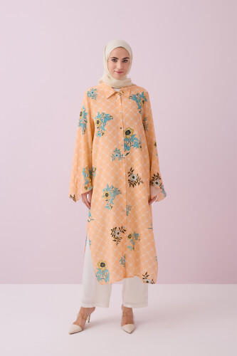 Salmon Silk Shirt Dress with Fringed Sleeve Detail - Imannoor (1)