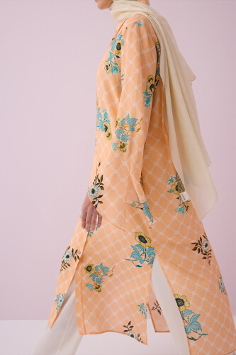 Salmon Silk Shirt Dress with Fringed Sleeve Detail - Imannoor (3)