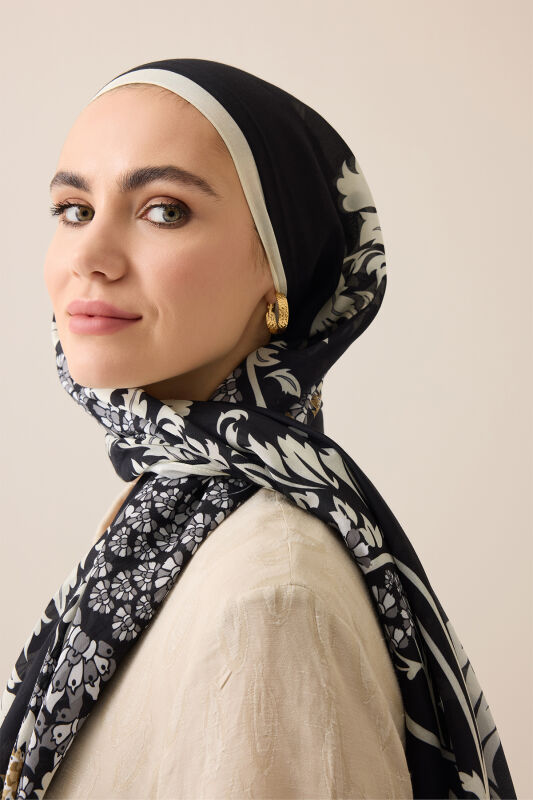 Şark Çiçeği Siyah Floş Pamuk Şal 70x210 - 1