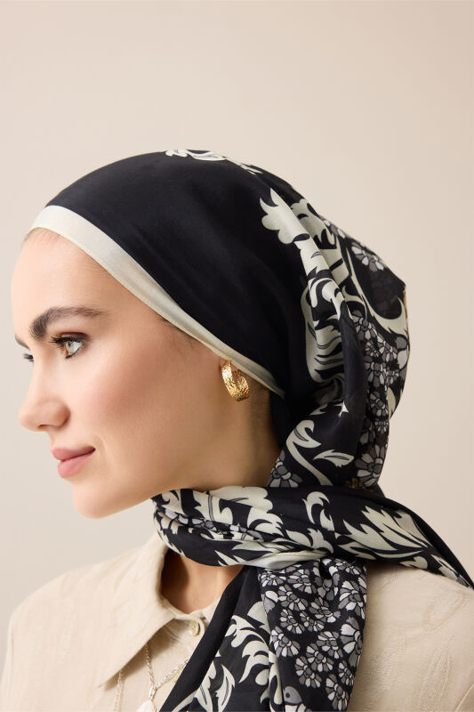 Şark Çiçeği Siyah Floş Pamuk Şal 70x210 - 5