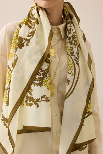 Şark Çiçeği Zeytin Yeşili Floş Pamuk Şal 70x210 - Imannoor (3)