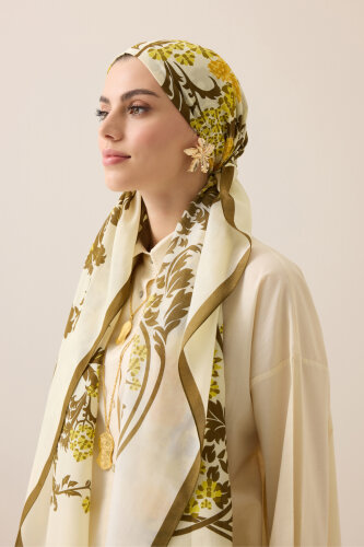 Şark Çiçeği Zeytin Yeşili Floş Pamuk Şal 70x210 - Imannoor