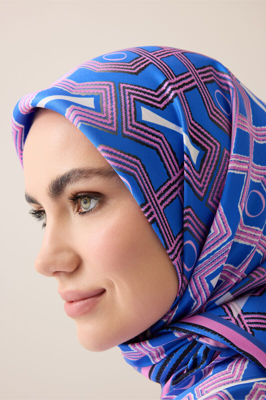 Selçuk-i Kafes Fuşya-Saks Tivil İpek Eşarp 90x90 - 3