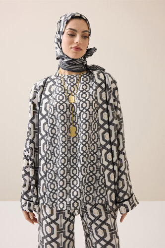 Selçuk-i Kafes Siyah-Beyaz İpek Kolsuz Bluz - Imannoor (1)