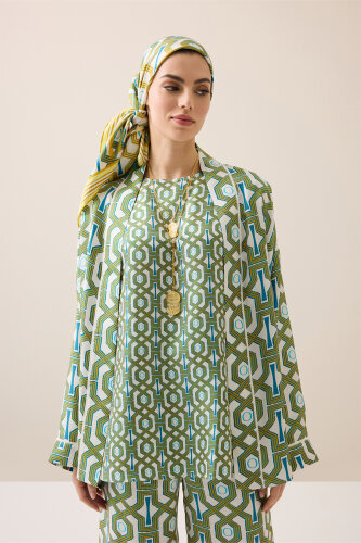 Selçuk-i Kafes Turkuaz-Sarı İpek Kolsuz Bluz - Imannoor (1)