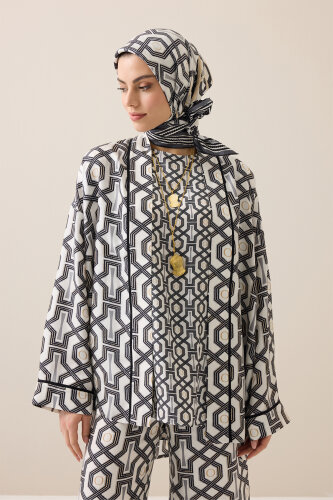 Seljuk-i Cage Black and White Twill Silk Scarf - 5