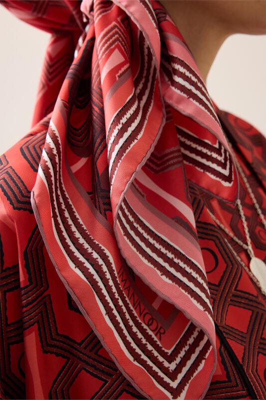 Seljuk-i Kafes Red Twill Silk Scarf - 3