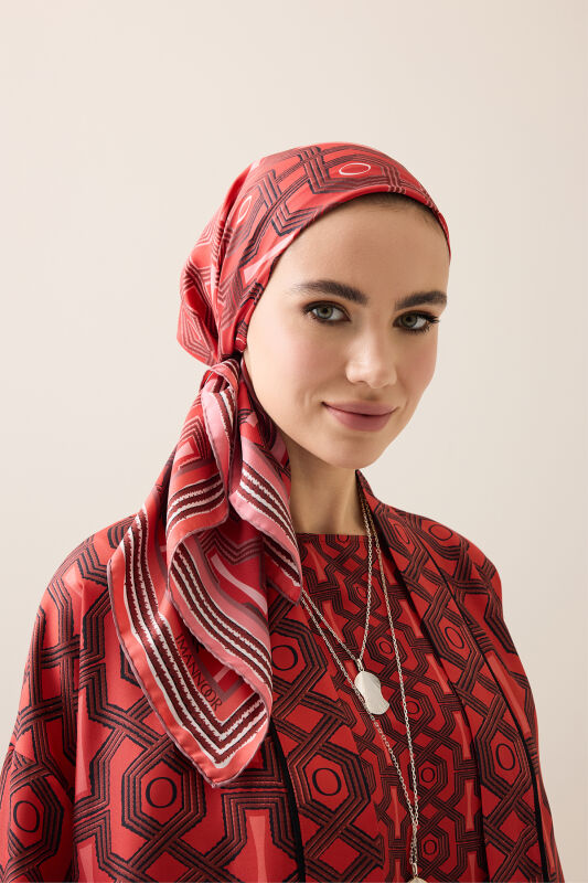 Seljuk-i Kafes Red Twill Silk Scarf - 4