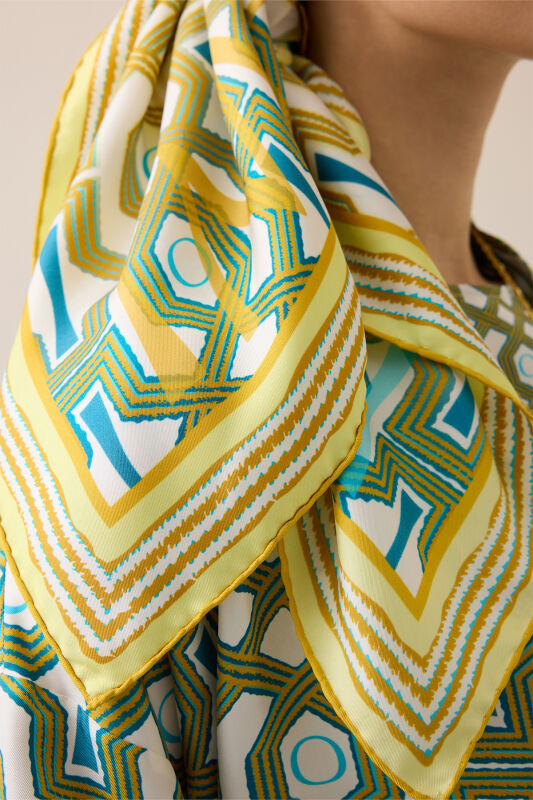 Seljuk-i Kafes Turquoise-Yellow Twill Silk Scarf - 3