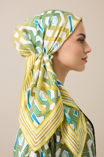 Seljuk-i Kafes Turquoise-Yellow Twill Silk Scarf 