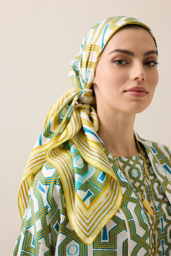 Seljuk-i Kafes Turquoise-Yellow Twill Silk Scarf - 4