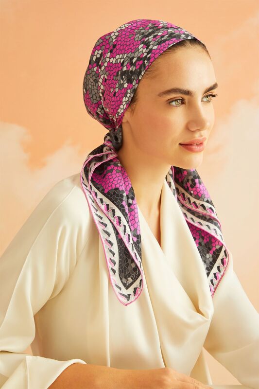 Seljuk Mosaic Silk Shawl Fuchsia - 1