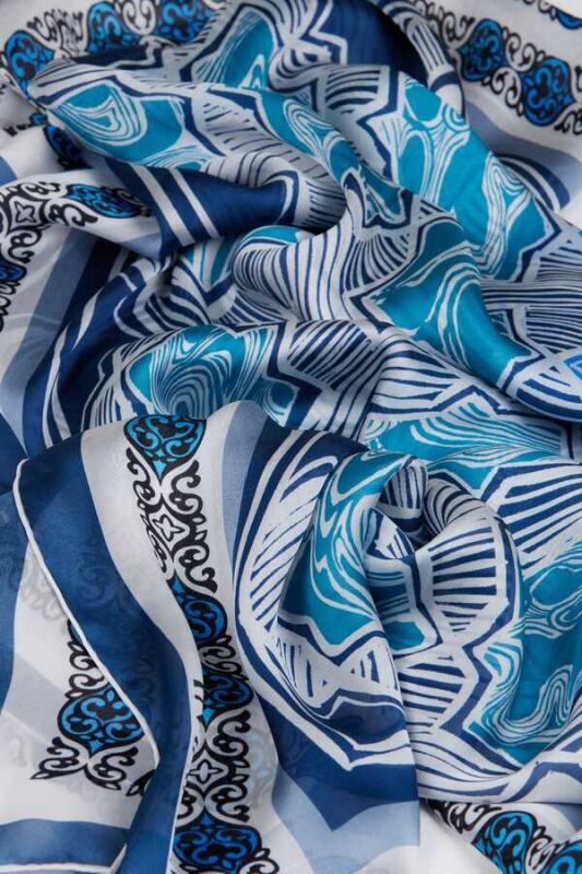 Seljuk Star Chiffon Silk Shawl Blue - 3
