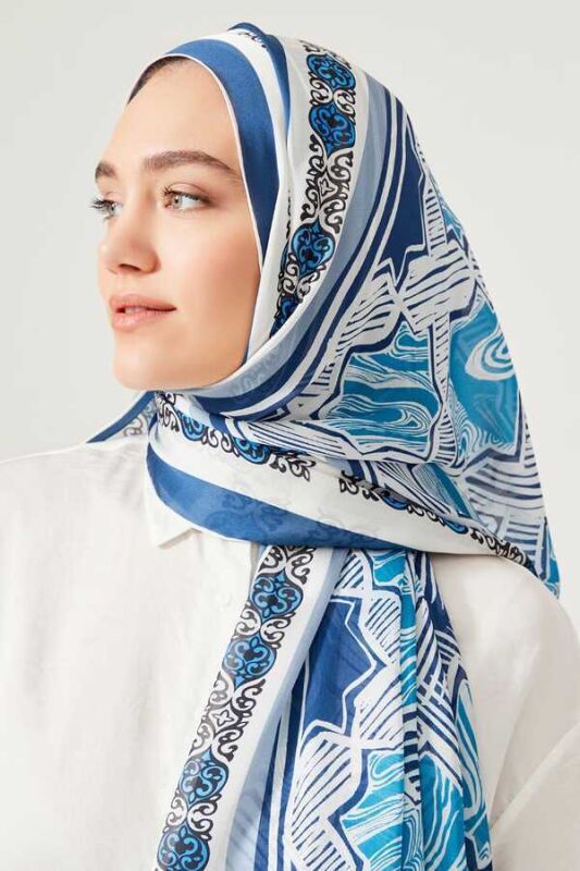 Seljuk Star Chiffon Silk Shawl Blue - 6