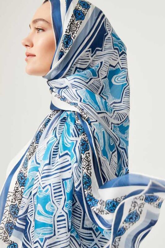 Seljuk Star Chiffon Silk Shawl Blue - 2