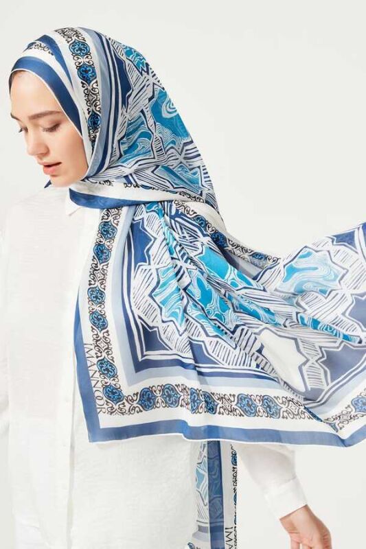 Seljuk Star Chiffon Silk Shawl Blue - 4