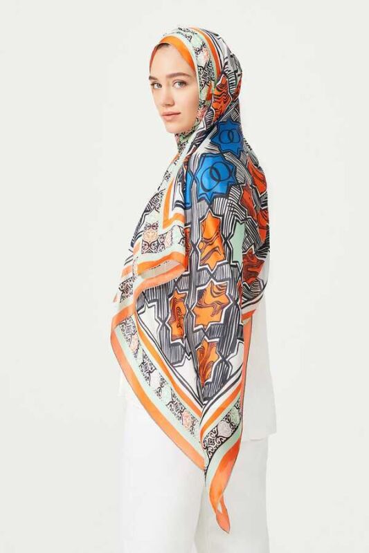 Seljuk Star Chiffon Silk Shawl Orange - 4