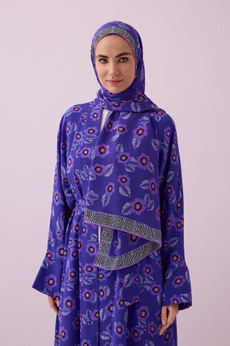 Serpme Çiçek Mor Krep İpek Şal 70x210 - Imannoor