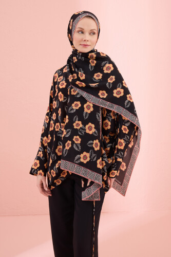 Serpme Çiçek Siyah Krep İpek Şal 70x210 - Imannoor