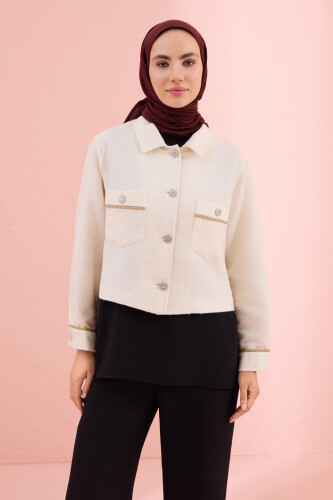 Simli Ekru Kısa Ceket - Imannoor