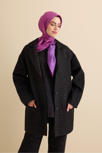 Simli Siyah Uzun Ceket - Imannoor