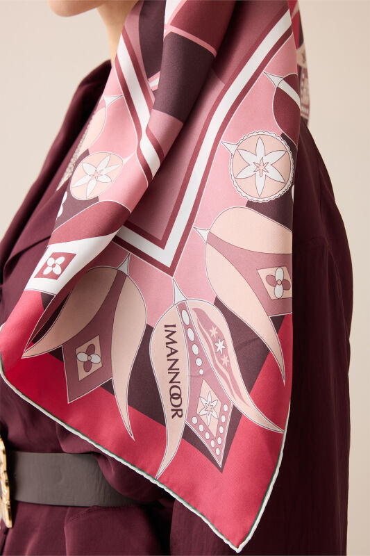 Single Tulip Burgundy-Dry Rose Silk Twill Scarf - 5