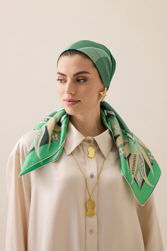 Single Tulip Green Silk Twill Scarf - 3