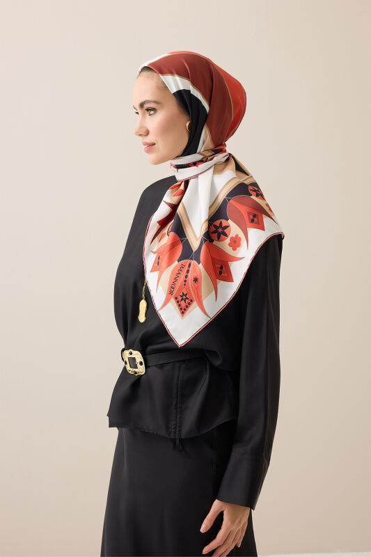 Single Tulip Red-Beige Silk Twill Scarf - 5