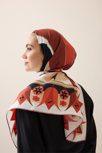 Single Tulip Red-Beige Silk Twill Scarf - 3