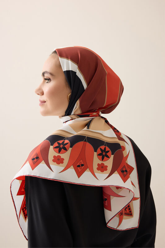 Single Tulip Red-Beige Silk Twill Scarf - 3