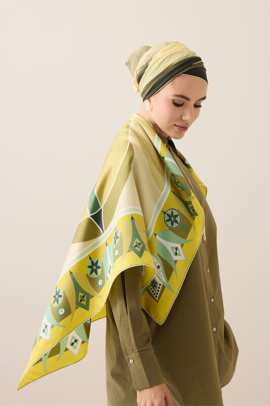 Single Tulip Yellow-Beige Silk Twill Scarf - 3