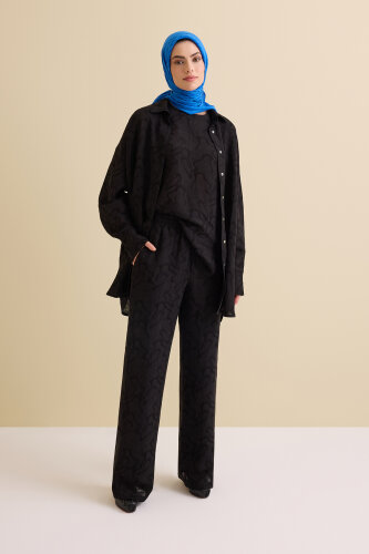 Siyah Keten Jakar Pantolon 