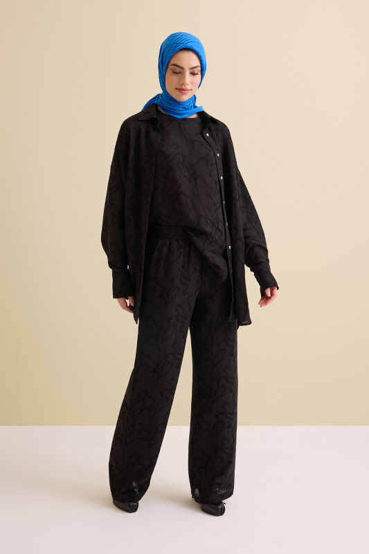 Siyah Keten Jakar Pantolon - 7